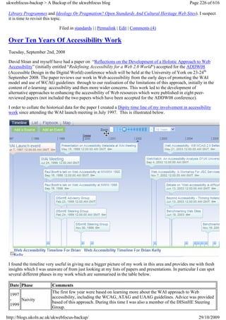 ukwebfocus-backup > A Backup of the ukwebfocus blog                                                     Page 226 of 616

 Library Programmes and Ideology Or Pragmatism? Open Standards And Cultural Heritage Web Sites). I suspect
 it is time to revisit this topic.

                              Filed in standards | | Permalink | Edit | Comments (4)

 Over Ten Years Of Accessibility Work
 Tuesday, September 2nd, 2008

 David Sloan and myself have had a paper on “Reflections on the Development of a Holistic Approach to Web
 Accessibility” (initially entitled “Redefining Accessibility for a Web 2.0 World“) accepted for the ADDW08
 (Accessible Design in the Digital World) conference which will be held at the University of York on 23-24th
 September 2008. The paper reviews our work in Web accessibility from the early days of promoting the WAI
 model and use of WCAG guidelines through to our realisation of the limitations of this approach, initially in the
 content of e-learning accessibility and then more wider concerns. This work led to the development of
 alternative approaches to enhancing the accessibility of Web resources which were published in eight peer-
 reviewed papers (not included the two papers which have been accepted for the ADDW08 conference).

 I order to collate the historical data for the paper I created a Dipity time line of my involvement in accessibility
 work since attending the WAI launch meeting in July 1997. This is illustrated below.




 I found the timeline very useful in giving me a bigger picture of my work in this area and provides me with fresh
 insights which I was unaware of from just looking at my lists of papers and presentations. In particular I can spot
 several different phases in my work which are summarised in the table below.

 Date Phase               Comments
                          The first few year were based on learning more about the WAI approach to Web
 1997
                          accessibility, including the WCAG, ATAG and UAAG guidelines. Advice was provided
 -    Naivity
                          based of this approach. During this time I was also a member of the DISinHE Steering
 1999
                          Group.

http://blogs.ukoln.ac.uk/ukwebfocus-backup/                                                                  29/10/2009
 