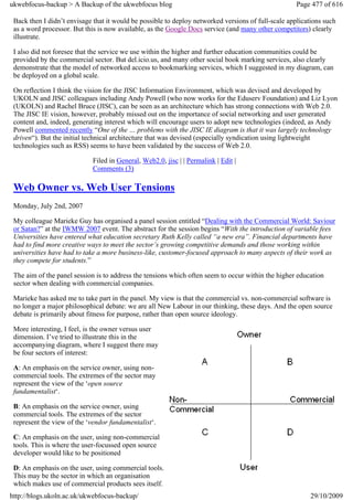 ukwebfocus-backup > A Backup of the ukwebfocus blog                                                  Page 477 of 616

 Back then I didn’t envisage that it would be possible to deploy networked versions of full-scale applications such
 as a word processor. But this is now available, as the Google Docs service (and many other competitors) clearly
 illustrate.

 I also did not foresee that the service we use within the higher and further education communities could be
 provided by the commercial sector. But del.icio.us, and many other social book marking services, also clearly
 demonstrate that the model of networked access to bookmarking services, which I suggested in my diagram, can
 be deployed on a global scale.

 On reflection I think the vision for the JISC Information Environment, which was devised and developed by
 UKOLN and JISC colleagues including Andy Powell (who now works for the Eduserv Foundation) and Liz Lyon
 (UKOLN) and Rachel Bruce (JISC), can be seen as an architecture which has strong connections with Web 2.0.
 The JISC IE vision, however, probably missed out on the importance of social networking and user generated
 content and, indeed, generating interest which will encourage users to adopt new technologies (indeed, as Andy
 Powell commented recently “One of the … problems with the JISC IE diagram is that it was largely technology
 driven“). But the initial technical architecture that was devised (especially syndication using lightweight
 technologies such as RSS) seems to have been validated by the success of Web 2.0.

                             Filed in General, Web2.0, jisc | | Permalink | Edit |
                             Comments (3)

 Web Owner vs. Web User Tensions
 Monday, July 2nd, 2007

 My colleague Marieke Guy has organised a panel session entitled “Dealing with the Commercial World: Saviour
 or Satan?” at the IWMW 2007 event. The abstract for the session begins “With the introduction of variable fees
 Universities have entered what education secretary Ruth Kelly called “a new era”. Financial departments have
 had to find more creative ways to meet the sector’s growing competitive demands and those working within
 universities have had to take a more business-like, customer-focused approach to many aspects of their work as
 they compete for students.”

 The aim of the panel session is to address the tensions which often seem to occur within the higher education
 sector when dealing with commercial companies.

 Marieke has asked me to take part in the panel. My view is that the commercial vs. non-commercial software is
 no longer a major philosophical debate: we are all New Labour in our thinking, these days. And the open source
 debate is primarily about fitness for purpose, rather than open source ideology.

 More interesting, I feel, is the owner versus user
 dimension. I’ve tried to illustrate this in the
 accompanying diagram, where I suggest there may
 be four sectors of interest:

 A: An emphasis on the service owner, using non-
 commercial tools. The extremes of the sector may
 represent the view of the ‘open source
 fundamentalist‘.

 B: An emphasis on the service owner, using
 commercial tools. The extremes of the sector
 represent the view of the ‘vendor fundamentalist‘.

 C: An emphasis on the user, using non-commercial
 tools. This is where the user-focussed open source
 developer would like to be positioned

 D: An emphasis on the user, using commercial tools.
 This may be the sector in which an organisation
 which makes use of commercial products sees itself.
http://blogs.ukoln.ac.uk/ukwebfocus-backup/                                                               29/10/2009
 