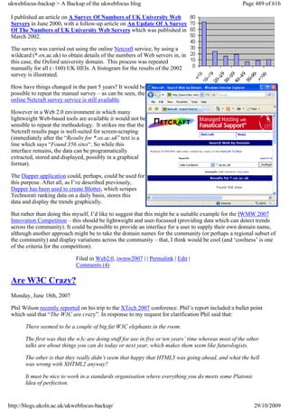 ukwebfocus-backup > A Backup of the ukwebfocus blog                                                   Page 489 of 616

 I published an article on A Survey Of Numbers of UK University Web
 Servers in June 2000, with a follow-up article on An Update Of A Survey
 Of The Numbers of UK University Web Servers which was published in
 March 2002.

 The survey was carried out using the online Netcraft service, by using a
 wildcard (*.ox.ac.uk) to obtain details of the numbers of Web servers in, in
 this case, the Oxford university domain. This process was repeated
 manually for all (~160) UK HEIs. A histogram for the results of the 2002
 survey is illustrated.

 How have things changed in the past 5 years? It would be
 possible to repeat the manual survey – as can be seen, the
 online Netcraft survey service is still available.

 However in a Web 2.0 environment in which many
 lightweight Web-based tools are available it would not be
 sensible to repeat the methodology. It strikes me that the
 Netcraft results page is well-suited for screen-scraping
 (immediately after the “Results for *.ox.ac.uk” text is a
 line which says “Found 356 sites“. So while this
 interface remains, the data can be programatically
 extracted, stored and displayed, possibly in a graphical
 format).

 The Dapper application could, perhaps, could be used for
 this purpose. After all, as I’ve described previously,
 Dapper has been used to create Blotter, which scrapes
 Technorati ranking data on a daily basis, stores this
 data and display the trends graphically.

 But rather than doing this myself, I’d like to suggest that this might be a suitable example for the IWMW 2007
 Innovation Competition – this should be lightweight and user-focussed (providing data which can detect trends
 across the community). It could be possible to provide an interface for a user to supply their own domain name,
 although another approach might be to take the domain names for the community (or perhaps a regional subset of
 the community) and display variations across the community – that, I think would be cool (and ‘coolness’ is one
 of the criteria for the competition).

                             Filed in Web2.0, iwmw2007 | | Permalink | Edit |
                             Comments (4)

 Are W3C Crazy?
 Monday, June 18th, 2007

 Phil Wilson recently reported on his trip to the XTech 2007 conference. Phil’s report included a bullet point
 which said that “The W3C are crazy”. In response to my request for clarification Phil said that:

       There seemed to be a couple of big fat W3C elephants in the room.

       The first was that the w3c are doing stuff for use in five or ten years’ time whereas most of the other
       talks are about things you can do today or next year, which makes them seem like futurologists.

       The other is that they really didn’t seem that happy that HTML5 was going ahead, and what the hell
       was wrong with XHTML2 anyway?

       It must be nice to work in a standards organisation where everything you do meets some Platonic
       Idea of perfection.


http://blogs.ukoln.ac.uk/ukwebfocus-backup/                                                                29/10/2009
 