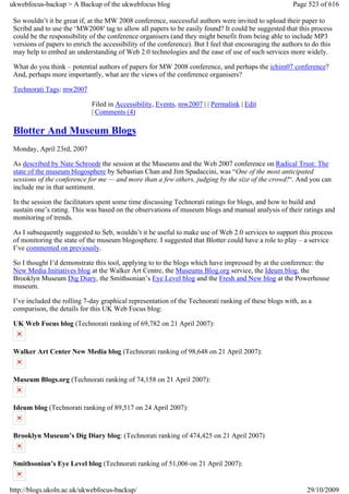 ukwebfocus-backup > A Backup of the ukwebfocus blog                                                    Page 523 of 616

 So wouldn’t it be great if, at the MW 2008 conference, successful authors were invited to upload their paper to
 Scribd and to use the ‘MW2008′ tag to allow all papers to be easily found? It could be suggested that this process
 could be the responsibility of the conference organisers (and they might benefit from being able to include MP3
 versions of papers to enrich the accessibility of the conference). But I feel that encouraging the authors to do this
 may help to embed an understanding of Web 2.0 technologies and the ease of use of such services more widely.

 What do you think – potential authors of papers for MW 2008 conference, and perhaps the ichim07 conference?
 And, perhaps more importantly, what are the views of the conference organisers?

 Technorati Tags: mw2007

                             Filed in Accessibility, Events, mw2007 | | Permalink | Edit
                             | Comments (4)

 Blotter And Museum Blogs
 Monday, April 23rd, 2007

 As described by Nate Schroedr the session at the Museums and the Web 2007 conference on Radical Trust: The
 state of the museum blogosphere by Sebastian Chan and Jim Spadaccini, was “One of the most anticipated
 sessions of the conference for me — and more than a few others, judging by the size of the crowd!“. And you can
 include me in that sentiment.

 In the session the facilitators spent some time discussing Technorati ratings for blogs, and how to build and
 sustain one’s rating. This was based on the observations of museum blogs and manual analysis of their ratings and
 monitoring of trends.

 As I subsequently suggested to Seb, wouldn’t it be useful to make use of Web 2.0 services to support this process
 of monitoring the state of the museum blogosphere. I suggested that Blotter could have a role to play – a service
 I’ve commented on previously.

 So I thought I’d demonstrate this tool, applying to to the blogs which have impressed by at the conference: the
 New Media Initiatives blog at the Walker Art Centre, the Museums Blog.org service, the Ideum blog, the
 Brooklyn Museum Dig Diary, the Smithsonian’s Eye Level blog and the Fresh and New blog at the Powerhouse
 museum.

 I’ve included the rolling 7-day graphical representation of the Technorati ranking of these blogs with, as a
 comparison, the details for this UK Web Focus blog:

 UK Web Focus blog (Technorati ranking of 69,782 on 21 April 2007):


 Walker Art Center New Media blog (Technorati ranking of 98,648 on 21 April 2007):


 Museum Blogs.org (Technorati ranking of 74,158 on 21 April 2007):


 Ideum blog (Technorati ranking of 89,517 on 24 April 2007):


 Brooklyn Museum’s Dig Diary blog: (Technorati ranking of 474,425 on 21 April 2007)


 Smithsonian’s Eye Level blog (Technorati ranking of 51,006 on 21 April 2007):


http://blogs.ukoln.ac.uk/ukwebfocus-backup/                                                                 29/10/2009
 