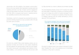 opportunities, with 83% declaring ‘more relevant communication’
as one of the main benefits. Most organizations are also aware that
marketing automation can help ‘increase customer engagement’
(76%) and help facilitate ‘more timely communication’ with custom-
ers (73%). 89% of companies have access to marketing automa-
tion capabilities provided by their email providers.
Nonetheless, only 4% of companies have described their automat-
ed email marketing programs as ‘very successful’, while 47% said
they were ‘quite successful’.
So what’s the problem? Most email marketing solutions are not
personal, not timely, and contain too much content. Despite the
fact that publishers hire special people to select the most interest-
ing content, the key goal – personalization and timeliness of infor-
mation delivery – is not achieved. Furthermore, the process is still
not fully automated, as content is selected and formatted manually.
The Email Marketing Industry Census 2014 showed that nearly
two-thirds (63%) of responding companies are spending at least
two hours on design and content for a typical campaign. In com-
parison, only 35% of companies are spending at least two hours
on strategy & planning, with this number decreasing to 27% for
data and 17% for optimization.
And what if a publisher doesn't have sufficient manpower for these
tasks? Besides that, most of the publishers are not technology
companies, so they need to outsource.
For a typical campagn, how many hours are spent
internally on the following email-related activities?
90%
100%
80%
70%
60%
50%
40%
30%
20%
10%
0%
Optimisation Transmission Reporting Data Strategy and
planning
Desing and
content
29%
54%
14%
3%
17%
70%
9%
4%
10%
73%
13%
4%
9%
64%
20%
7%
8%
56%
26%
9%
2%
35%
47%
16%
None Up 2 hours 2–8 hours More than 8 hours
What do you see as the main benefits
of marketing automation?
47%
successful
4%
very successful
49%
others
 