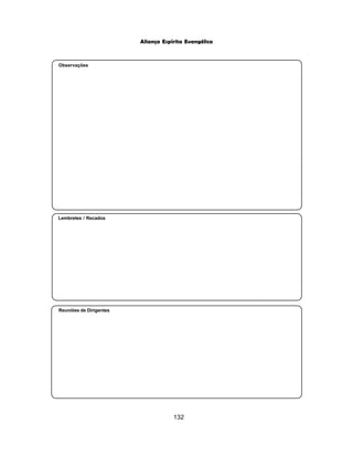 132
Aliança Espírita Evangélica
Observações
Lembretes / Recados
Reuniões de Dirigentes
 