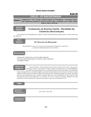 201
Aliança Espírita Evangélica
CICLO - FÉ RACIOCINADA
Complementar o Ciclo Coração, somando elementos da racionalidade e conhecimento doutri-
nário espírita para formação de um jovem positivo, ativo e sintonizado com os ideais cristãos.
Palavra chave: PENSAR.
AULA
Objetivo
Objetivo
BLOCO
Objetivo
82. Processos de Desencarne
Tempo do
Dirigente
TEMA
a) Desencarne: a Morte física e o retorno à Pátria Espiritual;
b) A nossa conduta influenciando no momento e após o desencarne;
c) Desapego a matéria.
Bibliografias/
Referências
Complementares
Orientações para
a Aula/Dirigente
Itens da aula
[3]; [129]; [156]; [95]
Desenvolvimento: “Não acumuleis para vós outros tesouros sobre a terra, onde a traça e
a ferrugem corroem e onde ladrões escavam e roubam; mas ajuntai para vós outros tesouros no
céu, onde traça nem ferrugem corrói, e onde ladrões não escavam, nem roubam”. O assunto deste
tempo do dirigente deve ser totalmente ligado às questões do que plantamos nesta vida para colhermos no plano
espiritual. O texto tirado do Sermão do Monte tem o destaque e faz o dirigente questionar seus alunos sobre quais
tesouros estão juntando para que consigam realmente aproveitar esta oportunidade de vida. Propociar uma
discussão do que seria mais importante, se os tesouros dos céus ou o tesouro dos homens. Reflexões essas que
devem levar o aluno a questionar o que querem da vida e o que está construindo para isso.
Apresentação de como ocorre o processo de desencarne do Espírito no corpo físico
e formas de manifestação deste fora da matéria.
Apresentação de um dos fundamentos na qual se baseia a Doutrina Espírita: Reencarnação e as decorrências que
esta idéia traz.
Fundamentos da Doutrina Espírita - Pluralidade das
Existências (Reencarnação)
Aula 82
 