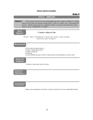 21
Aliança Espírita Evangélica
CICLO - AMIZADE
Este ciclo tem seu foco em criar oportunidades para que o grupo se conheça e se integre
dentro de um clima sem ameaças (propiciando o clima de ‘ameaça zero’), aproximando as
pessoas e dando chance para que o dirigente conheça o jovem que faz parte desse grupo.
Palavra chave: CONHECER A TURMA.
Objetivo
AULA
Objetivo 5. Sonhos e Ideais de Vida
Discutir: ‘Após o levantamento os grupos que convive, o que ele espera
desenvolver para seu futuro?’
Itens da aula
Tempo do
Dirigente
Bibliografias/
Referências
Complementares
Orientações para
a Aula/Dirigente
a) O que cada um objetiva para si?;
b) O que o mundo quer de mim?;
c) Futuro e progresso;
d) Profissão;
e) Como trabalhar para que os sonhos e ideais possam ser materializados em nossas vidas?
Sempre, mas principalmente neste bloco, a postura na aula deve ser de um coordenador de idéias.
* Atenção às observações iniciais do bloco.
Aula 5
 