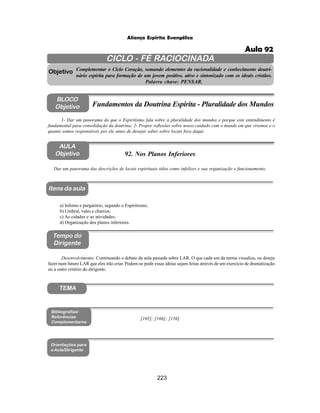 223
Aliança Espírita Evangélica
CICLO - FÉ RACIOCINADA
Complementar o Ciclo Coração, somando elementos da racionalidade e conhecimento doutri-
nário espírita para formação de um jovem positivo, ativo e sintonizado com os ideais cristãos.
Palavra chave: PENSAR.
AULA
Objetivo
Objetivo
BLOCO
Objetivo
92. Nos Planos Inferiores
Tempo do
Dirigente
TEMA
Bibliografias/
Referências
Complementares
Orientações para
a Aula/Dirigente
Itens da aula
Dar um panorama das descrições de locais espirituais tidos como infelizes e sua organização e funcionamento.
1- Dar um panorama do que o Espiritismo fala sobre a pluralidade dos mundos e porque este entendimento é
fundamental para consolidação da doutrina; 2- Propor reflexões sobre nosso cuidado com o mundo em que vivemos e o
quanto somos responsáveis por ele antes de desejar saber sobre locais fora daqui.
Fundamentos da Doutrina Espírita - Pluralidade dos Mundos
a) Inferno e purgatório, segundo o Espiritismo;
b) Umbral, vales e charcos;
c) As cidades e as atividades;
d) Organização dos planos inferiores.
Desenvolvimento: Continuando o debate da aula passada sobre LAR. O que cada um da turma visualiza, ou deseja
fazer num futuro LAR que eles irão criar. Podem-se pedir essas idéias sejam feitas através de um exercício de dramatização
ou a outro critério do dirigente.
[165]; [166]; [156]
Aula 92
 
