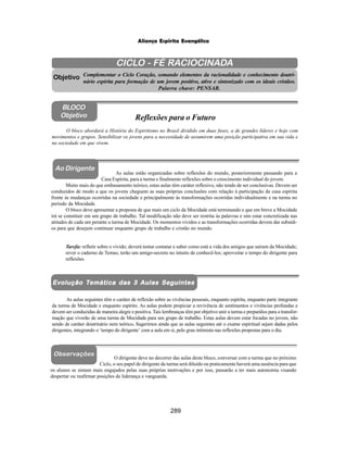 289
Aliança Espírita Evangélica
CICLO - FÉ RACIOCINADA
Complementar o Ciclo Coração, somando elementos da racionalidade e conhecimento doutri-
nário espírita para formação de um jovem positivo, ativo e sintonizado com os ideais cristãos.
Palavra chave: PENSAR.
O bloco abordará a História do Espiritismo no Brasil dividido em duas fases, a de grandes líderes e hoje com
movimentos e grupos. Sensibilizar os jovens para a necessidade de assumirem uma posição participativa em sua vida e
na sociedade em que vivem.
Objetivo
BLOCO
Objetivo Reflexões para o Futuro
Ao Dirigente
Ao Dirigente
Ev
Ev
Ev
Ev
Evolução T
olução T
olução T
olução T
olução Temática das 3 Aulas Se
emática das 3 Aulas Se
emática das 3 Aulas Se
emática das 3 Aulas Se
emática das 3 Aulas Seguintes
guintes
guintes
guintes
guintes
As aulas seguintes têm o caráter de reflexão sobre as vivências pessoais, enquanto espírita, enquanto parte integrante
da turma de Mocidade e enquanto espírito. As aulas podem propiciar a revivência de sentimentos e vivências profundas e
devem ser conduzidas de maneira alegre e positiva. Tais lembranças têm por objetivo unir a turma e preparálos para a transfor-
mação que viverão de uma turma de Mocidade para um grupo de trabalho. Estas aulas devem estar focadas no jovem, não
sendo de caráter doutrinário nem teórico. Sugerimos ainda que as aulas seguintes até o exame espiritual sejam dadas pelos
dirigentes, integrando o ‘tempo do dirigente’ com a aula em si, pelo grau intimista nas reflexões propostas para o dia.
As aulas estão organizadas sobre reflexões do mundo, posteriormente passando para a
Casa Espírita, para a turma e finalmente reflexões sobre o crescimento individual do jovem.
Muito mais do que embasamento teórico, estas aulas têm caráter reflexivo, não tendo de ser conclusivas. Devem ser
conduzidos de modo a que os jovens cheguem as suas próprias conclusões com relação à participação da casa espírita
frente às mudanças ocorridas na sociedade e principalmente às transformações ocorridas individualmente e na turma no
período da Mocidade.
O bloco deve apresentar a proposta de que mais um ciclo da Mocidade está terminando e que em breve a Mocidade
irá se constituir em um grupo de trabalho. Tal modificação não deve ser restrita às palavras e sim estar concretizada nas
atitudes de cada um perante a turma de Mocidade. Os momentos vividos e as transformações ocorridas devem dar subsídi-
os para que desejem continuar enquanto grupo de trabalho e cristão no mundo.
Tarefa: refletir sobre o vivido; deverá tentar contatar e saber como está a vida dos amigos que saíram da Mocidade;
rever o caderno de Temas; terão um amigo-secreto no intuito de conhecê-los; aproveitar o tempo do dirigente para
reflexões.
Observações
O dirigente deve no decorrer das aulas deste bloco, conversar com a turma que no próximo
Ciclo, o seu papel de dirigente da turma será diluído ou praticamente haverá uma ausência para que
os alunos se sintam mais engajados pelas suas próprias motivações e por isso, passarão a ter mais autonomia visando
despertar ou reafirmar posições de liderança e vanguarda.
 