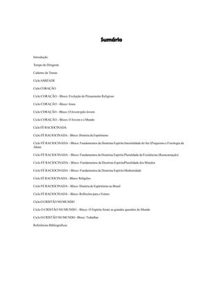3
Aliança Espírita Evangélica
Sumário
Sumário
Sumário
Sumário
Sumário
Introdução
Tempo do Dirigente
Caderno de Temas
CicloAMIZADE
CicloCORAÇÃO
Ciclo CORAÇÃO – Bloco: Evolução do Pensamento Religioso
Ciclo CORAÇÃO – Bloco: Jesus
Ciclo CORAÇÃO – Bloco: O Jovem pelo Jovem
Ciclo CORAÇÃO – Bloco: O Jovem e o Mundo
CicloFÉRACIOCINADA
Ciclo FÉ RACIOCINADA – Bloco: História do Espiritismo
Ciclo FÉ RACIOCINADA – Bloco: Fundamentos da Doutrina Espírita Imortalidade do Ser (Psiquismo e Fisiologia da
Alma)
Ciclo FÉ RACIOCINADA – Bloco: Fundamentos da Doutrina Espírita Pluralidade da Existências (Reencarnação)
Ciclo FÉ RACIOCINADA – Bloco: Fundamentos da Doutrina EspíritaPluralidade dos Mundos
Ciclo FÉ RACIOCINADA – Bloco: Fundamentos da Doutrina Espírita Mediunidade
Ciclo FÉ RACIOCINADA – Bloco: Religiões
Ciclo FÉ RACIOCINADA – Bloco: História do Espiritismo no Brasil
Ciclo FÉ RACIOCINADA – Bloco: Reflexões para o Futuro
CicloOCRISTÃONOMUNDO
Ciclo O CRISTÃO NO MUNDO – Bloco: O Espírita frente as grandes questões do Mundo
Ciclo O CRISTÃO NO MUNDO - Bloco: Trabalhar
Referências Bibliográficas
 