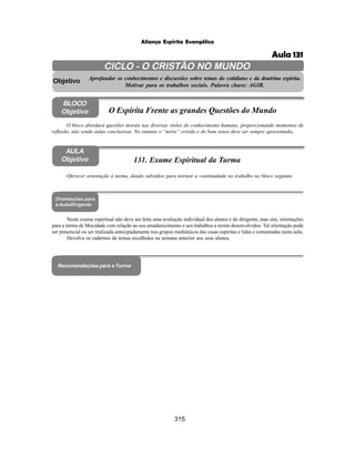 315
Aliança Espírita Evangélica
AULA
Objetivo
BLOCO
Objetivo
131. Exame Espiritual da Turma
Oferecer orientação à turma, dando subsídios para nortear a continuidade no trabalho no bloco seguinte.
Orientações para
a Aula/Dirigente
CICLO - O CRISTÃO NO MUNDO
Aprofundar os conhecimentos e discussões sobre temas do cotidiano e da doutrina espírita.
Motivar para os trabalhos sociais. Palavra chave: AGIR.
Objetivo
O bloco abordará questões morais nas diversas visões do conhecimento humano, proporcionando momentos de
reflexão, não sendo aulas conclusivas. No entanto o “norte” cristão e do bom senso deve ser sempre apresentado.
O Espírita Frente as grandes Questões do Mundo
Neste exame espiritual não deve ser feita uma avaliação individual dos alunos e do dirigente, mas sim, orientações
para a turma de Mocidade com relação ao seu amadurecimento e aos trabalhos a serem desenvolvidos. Tal orientação pode
ser presencial ou ser realizada antecipadamente nos grupos mediúnicos das casas espíritas e lidas e comentadas nesta aula.
Devolva os cadernos de temas recolhidos na semana anterior aos seus alunos.
Recomendações para a Turma
Aula 131
 