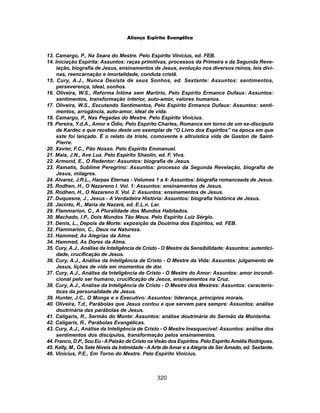 320
Aliança Espírita Evangélica
13. Camargo, P., Na Seara do Mestre. Pelo Espírito Vinícius, ed. FEB.
14. Iniciação Espírita: Assuntos: raças primitivas, processos da Primeira e da Segunda Reve-
lação, biografia de Jesus, ensinamentos de Jesus, evolução nos diversos reinos, leis divi-
nas, reencarnação e imortalidade, conduta cristã.
15. Cury, A.J., Nunca Desista de seus Sonhos, ed. Sextante: Assuntos: sentimentos,
perseverença, ideal, sonhos.
16. Oliveira, W.S., Reforma Íntima sem Martírio, Pelo Espírito Ermance Dufaux: Assuntos:
sentimentos, transformação interior, auto-amor, valores humanos.
17. Oliveira, W.S., Escutando Sentimentos, Pelo Espírito Ermance Dufaux: Assuntos: senti-
mentos, arrogância, auto-amor, ideal de vida.
18. Camargo, P., Nas Pegadas do Mestre. Pelo Espírito Vinícius.
19. Pereira, Y.d.A., Amor e Ódio. Pelo Espírito Charles, Romance em torno de um ex-discípulo
de Kardec e que recebeu deste um exemplar de “O Livro dos Espíritos” na época em que
este foi lançado. É o relato da triste, comovente e altruística vida de Gaston de Saint-
Pierre.
20. Xavier, F.C., Pão Nosso. Pelo Espírito Emmanuel.
21. Maia, J.N., Ave Luz. Pelo Espírito Shaolin, ed. F. Viva.
22. Armond, E., O Redentor: Assuntos: biografia de Jesus.
23. Ramatis, Sublime Peregrino: Assuntos: processo da Segunda Revelação, biografia de
Jesus, milagres.
24. Alvarez, J.R.L., Harpas Eternas - Volumes 1 a 4: Assuntos: biografia romanceada de Jesus.
25. Rodhen, H., O Nazareno I. Vol. 1: Assuntos: ensinamentos de Jesus.
26. Rodhen, H., O Nazareno II. Vol. 2: Assuntos: ensinamentos de Jesus.
27. Duquesne, J., Jesus - A Verdadeira História: Assuntos: biografia histórica de Jesus.
28. Jacinto, R., Maria de Nazaré, ed. E.L.n. Lar.
29. Flammarion, C., A Pluralidade dos Mundos Habitados.
30. Machado, I.P., Dois Mundos Tão Meus. Pelo Espírito Luiz Sérgio.
31. Denis, L., Depois da Morte: exposição da Doutrina dos Espíritos, ed. FEB.
32. Flammarion, C., Deus na Natureza.
33. Hammed, As Alegrias da Alma.
34. Hammed, As Dores da Alma.
35. Cury, A.J., Análise da Inteligência de Cristo - O Mestre da Sensibilidade: Assuntos: autentici-
dade, crucificação de Jesus.
36. Cury, A.J., Análise da Inteligência de Cristo - O Mestre da Vida: Assuntos: julgamento de
Jesus, lições de vida em momentos de dor.
37. Cury, A.J., Análise da Inteligência de Cristo - O Mestre do Amor: Assuntos: amor incondi-
cional pelo ser humano, crucificação de Jesus, ensinamentos na Cruz.
38. Cury, A.J., Análise da Inteligência de Cristo - O Mestre dos Mestres: Assuntos: caracterís-
ticas da personalidade de Jesus.
39. Hunter, J.C., O Monge e o Executivo: Assuntos: liderança, princípios morais.
40. Oliveira, T.d., Parábolas que Jesus contou e que servem para sempre: Assuntos: análise
doutrinária das parábolas de Jesus.
41. Caligaris, R., Sermão do Monte: Assuntos: análise doutrinária do Sermão da Montanha.
42. Caligaris, R., Parábolas Evangélicas.
43. Cury, A.J., Análise da Inteligência de Cristo - O Mestre Inesquecível: Assuntos: análise dos
sentimentos dos discípulos, transformação pelos ensinamentos.
44. Franco, D.P., Sou Eu -APaixão de Cristo na Visão dos Espíritos. Pelo EspíritoAmélia Rodrigues.
45. Kelly, M., Os Sete Níveis da Intimidade - AArte de Amar e a Alegria de Ser Amado, ed. Sextante.
46. Vinícius, P.E., Em Torno do Mestre. Pelo Espírito Vinícius.
 