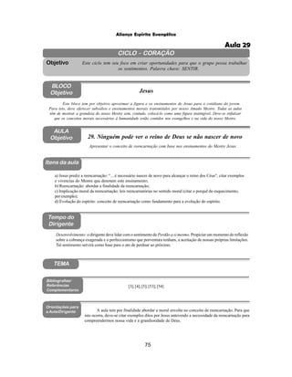 75
Aliança Espírita Evangélica
CICLO - CORAÇÃO
Este ciclo tem seu foco em criar oportunidades para que o grupo possa trabalhar
os sentimentos. Palavra chave: SENTIR.
Objetivo
BLOCO
Objetivo Jesus
Este bloco tem por objetivo aproximar a figura e os ensinamentos de Jesus para o cotidiano do jovem.
Para isto, deve oferecer subsídios e ensinamentos morais transmitidos por nosso Amado Mestre. Todas as aulas
têm de mostrar a grandeza do nosso Mestre sem, contudo, colocá-lo como uma figura inatingível. Deve-se enfatizar
que os conceitos morais necessários à humanidade estão contidos nos evangelhos e na vida do nosso Mestre.
AULA
Objetivo 29. Ninguém pode ver o reino de Deus se não nascer de novo
Itens da aula
Tempo do
Dirigente
Bibliografias/
Referências
Complementares
a) Jesus prediz a reencarnação: “....é necessário nascer de novo para alcançar o reino dos Céus”, citar exemplos
e vivencias do Mestre que denotam este ensinamento;
b) Reencarnação: abordar a finalidade da reencarnação;
c) Implicação moral da reencarnação: leis reencarnatórias no sentido moral (citar o porquê do esquecimento,
por exemplo);
d) Evolução do espírito: conceito de reencarnação como fundamento para a evolução do espírito.
Apresentar o conceito de reencarnação com base nos ensinamentos do Mestre Jesus.
Desenvolvimento: o dirigente deve lidar com o sentimento de Perdão a si mesmo. Propiciar um momento de reflexão
sobre a cobrança exagerada e o perfeccionismo que porventura tenham, a aceitação de nossas próprias limitações.
Tal sentimento servirá como base para o ato de perdoar ao próximo.
[3]; [4]; [5]; [53]; [54]
Orientações para
a Aula/Dirigente A aula tem por finalidade abordar a moral envolta no conceito de reencarnação. Para que
isto ocorra, deve-se citar exemplos ditos por Jesus antevendo a necessidade da reencarnação para
compreendermos nossa vida e a grandiosidade de Deus.
TEMA
Aula 29
 