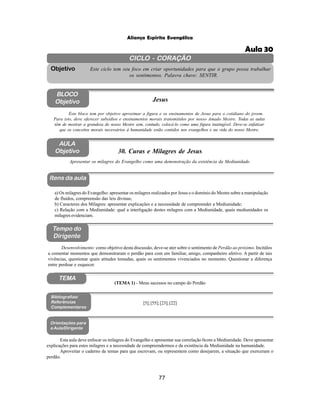 77
Aliança Espírita Evangélica
CICLO - CORAÇÃO
Este ciclo tem seu foco em criar oportunidades para que o grupo possa trabalhar
os sentimentos. Palavra chave: SENTIR.
Objetivo
BLOCO
Objetivo Jesus
Este bloco tem por objetivo aproximar a figura e os ensinamentos de Jesus para o cotidiano do jovem.
Para isto, deve oferecer subsídios e ensinamentos morais transmitidos por nosso Amado Mestre. Todas as aulas
têm de mostrar a grandeza do nosso Mestre sem, contudo, colocá-lo como uma figura inatingível. Deve-se enfatizar
que os conceitos morais necessários à humanidade estão contidos nos evangelhos e na vida do nosso Mestre.
AULA
Objetivo 30. Curas e Milagres de Jesus
Itens da aula
Tempo do
Dirigente
Bibliografias/
Referências
Complementares
a) Os milagres do Evangelho: apresentar os milagres realizados por Jesus e o domínio do Mestre sobre a manipulação
de fluidos, compreensão das leis divinas;
b) Caracteres dos Milagres: apresentar explicações e a necessidade de compreender a Mediunidade;
c) Relação com a Mediunidade: qual a interligação destes milagres com a Mediunidade, quais mediunidades os
milagres evidenciam.
Apresentar os milagres do Evangelho como uma demonstração da existência da Mediunidade.
Desenvolvimento: como objetivo desta discussão, deve-se ater sobre o sentimento de Perdão ao próximo. Incitálos
a comentar momentos que demonstraram o perdão para com um familiar, amigo, companheiro afetivo. A partir de tais
vivências, questionar quais atitudes tomadas, quais os sentimentos vivenciados no momento. Questionar a diferença
entre perdoar e esquecer.
[5];[55];[23];[22]
Orientações para
a Aula/Dirigente
Esta aula deve enfocar os milagres do Evangelho e apresentar sua correlação 0com a Mediunidade. Deve apresentar
explicações para estes milagres e a necessidade de compreendermos e da existência da Mediunidade na humanidade.
Aproveitar o caderno de temas para que escrevam, ou representem como desejarem, a situação que exerceram o
perdão.
TEMA
(TEMA 1) - Meus sucessos no campo do Perdão
Aula 30
 