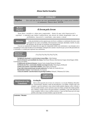 93
Aliança Espírita Evangélica
CICLO - CORAÇÃO
Este ciclo tem seu foco em criar oportunidades para que o grupo possa trabalhar
os sentimentos. Palavra chave: SENTIR.
Objetivo
BLOCO
Objetivo O Jovem pelo Jovem
Neste bloco, convida-se o aluno para compreender - dentro de uma visão biopsicosocial e
espiritual - a atmosfera que rodeia a adolescência, não através de rótulos desgastados como ser
problemático, inacessível e conturbado, como muitos o fazem.
TEMPO DO
DIRIGENTE
Outras idéias/questões decorrentes do sentimento a ser focado: Mudança; Descober-
tas; Transformação; Desafios; medo do desconhecido e da solidão; coragem (agir com
coração); o que nos entristece; como colocar minha opinião religiosa; como vivenciar o
bem nas minhas atitudes; aceito o próximo como meu irmão; aceitação das minhas qualida-
des e defeitos; consigo crescer com meus defeitos e qualidades; o que sente falta para se
tornar completo, frente os meus conflitos externos e o que me falta (busca por um corpo
perfeito, uma roupa, ser menos tímido); o que me faz feliz.
Lembretes / Recados
Métodos
O jovem no transcorrer do tempo deve ser capaz de compreender melhor seus sentimentos e sua interação com a
sociedade por serem aulas focadas em sua intimidade. O dirigente deve atentar e incentivar que o jovem olhe para dentro de
si, deixando-o a vontade para expressar seus sentimentos.
Bibliografias/
Referências
Complementares
[71];[72];[73];[74];[75];[76];[77];[78]
Inteligência emocional- e a arte de educar nossos filhos - John Gottman
Desenvolvimento e personalidade da criança; Paul Henry Mussen, John Janeway Conger, Jerone Kagan,Aletha
Carol Huston, Ed. Harbra
O adolescente em desenvolvimento;Antonio CarlosAmador Pereira, Ed. Harbra
Os Direitos dos Pais - construindo cidadãos em tempos de crise; Tânia Zagury, Ed.Record
Limites sem traumas- construindo cidadãos; Tânia Zagury, Ed. Record
O que toda criança gostaria que seus pais soubessem; Lee Salk, Ed. Círculo do Livro
Descobrindo Crianças;Violet Oaklander; Ed. Summus
A busca do símbolo- conceitos básicos de psicologia analítica; Edward C. Whitmont, Ed. Cultrix
Aceitação
Cada aula abordará um dos aspectos que envolvem o cotidiano e o sentimento do jovem, como
a percepção de seu corpo e sexualidade, relacionamentos e interação, identidade e família. As aulas
são intimistas, não devendo ser moralistas nem doutrinadoras.
Sentimento a Ser
Trabalhado
 