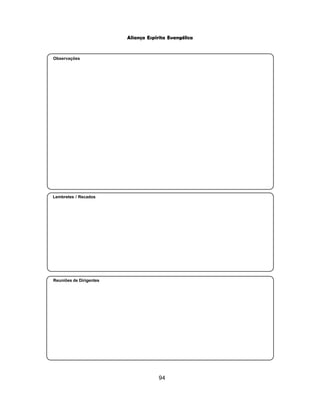 94
Aliança Espírita Evangélica
Observações
Lembretes / Recados
Reuniões de Dirigentes
 