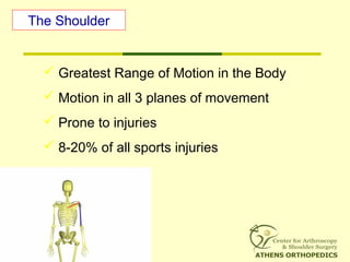 The Shoulder
 Greatest Range of Motion in the Body
 Motion in all 3 planes of movement
 Prone to injuries
 8-20% of all sports injuries
 