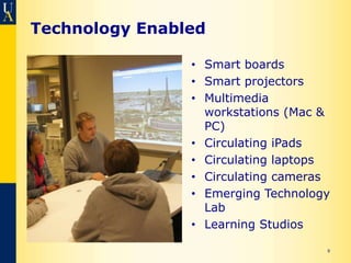 Technology Enabled

                • Smart boards
                • Smart projectors
                • Multimedia
                  workstations (Mac &
                  PC)
                • Circulating iPads
                • Circulating laptops
                • Circulating cameras
                • Emerging Technology
                  Lab
                • Learning Studios

                                    9
 