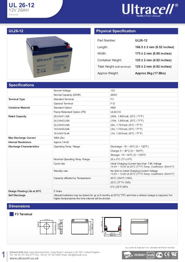 Ul26 12 Batería sellada 12V 26ah