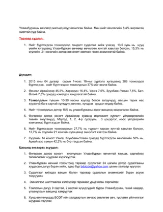 Улаанбурханы өвчлөлд малчид илүү өвчилсөн байна. Мөн нийт өвчлөлийн 8,4% жирэмсэн
эмэгтэйчүүд байна.
Тархвар судлал:
1. Нийт бүртгэгдсэн тохиолдолд тандалт судалгаа хийж үзэхэд 13,5 хувь нь нууц
үеийн хугацаанд Улаанбурхан өвчнөөр өвчилсөн хүнтэй хавьтал болсон, 15,3% нь
сүүлийн 21 хоногийн дотор эмнэлэгт хэвтсэн гэсэн анамнезтэй байна.
Дүгнэлт:
1. 2015 оны 04 дугаар сарын 1-нээс 18-ныг хүртэлх хугацаанд 289 тохиолдол
бүртгэгдэж, нийт бүртгэгдсэн тохиолдлын 37%-ийг эзэлж байна.
2. Өвчлөл Арвайхээр 45,5%, Хархорин 16,4%, Уянга 7,6%, Зүүнбаян-Улаан 7,6%, Бат-
Өлзий 7,6% сумдад нэмэгдэх хандлагатай байна.
3. Тохиолдлын түвшин 10-39 насны хүүхэд болон залуучууд, вакцин тарих нас
хүрээгүй бага сартай хүүхдүүд өвчлөх, хүндрэх эрсдэл өндөр байна.
4. Нийт тохиолдлын дотор 15% нь улаанбурханы эсрэг вакцинд хамрагдсан байна.
5. Өнгөрсөн долоо хоногт Арвайхээр суманд мэргэжилт сургалт үйлдвэрлэлийн
төвийн оюутанууд, Мэргэд, 1, 2, 4-р сургууль, 3 цэцэрлэг, ноос үйлдвэрийн
компаниас бүртгэгдсэн байна.
6. Нийт бүртгэгдсэн тохиолдолын 27,7% нь тууралт гарсан хүнтэй хавьтал болсон,
12,7% нь сүүлийн 21 хонгийн хугацаанд эмнэлэгт хэвтсэн байна.
7. Сүүлийн 14 хоногт Уянга, Зүүнбаян-Улаан сумдад бүртгэгдсэн өвчлөлийн 50% нь,
Арвайхээр сумын 42,2% нь бүртгэгдсэн байна.
Цаашид анхаарах асуудал:
1. Өнгөрсөн долоо хоногт хүргүүлсэн Улаанбурхан өвчинтэй тэмцэх, сэргийлэх
төлөвлөгөөг шуурхай хэрэгжүүлэх
2. Улаанбурхан өвчний голомтонд тархвар судлагааг 24 цагийн дотор судалгааны
хуудасын дагуу бүрэн хийж, өдөр бүр bdolzoo@yahoo.com цахим хаягаар ирүүлэх
3. Судалгааг хийхдээ вакцин болон тархвар судлалын анамнезийг бүрэн асууж
тодруулах
4. Эмнэлгээс шалтгаалах хэлбэрээр гарахаас урьдчилан сэргийлэх
5. Товлолын дагуу 9 сартай, 2 настай хүүхдүүдийг бүрэн Улаанбурхан, гахай хавдар,
улаануудын вакцинд хамруулах
6. Хүнд өвчтөнүүдэд БОЭТ-ийн халдвартын эмчээс зөвлөгөө авч, тусламж үйлчилгээг
шуурхай үзүүлэх
 