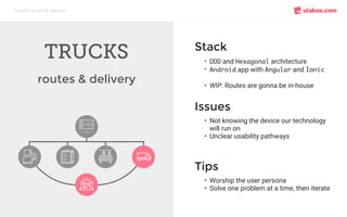 Trucks: routes & delivery
TRUCKS
routes & delivery
Stack
• DDD and Hexagonal architecture
• Android app with Angular and Ionic
• WIP: Routes are gonna be in-house
Issues
• Not knowing the device our technology
will run on
• Unclear usability pathways
Tips
• Worship the user persona
• Solve one problem at a time, then iterate
 