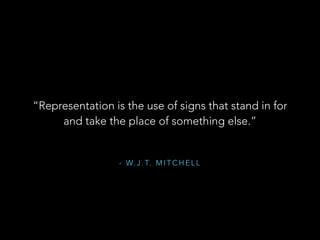 “Representation is the use of signs that stand in for 
and take the place of something else.” 
- W. J . T. MITCHELL 
 