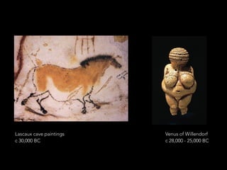Lascaux cave paintings 
c 30,000 BC 
Venus of Willendorf 
c 28,000 - 25,000 BC 
 