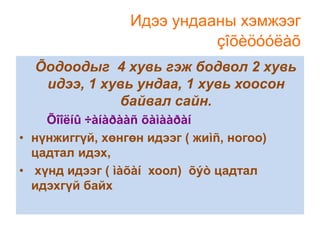 Идээ ундааны хэмжээг
çîõèöóóëàõ
Õодоодыг 4 хувь гэж бодвол 2 хувь
идээ, 1 хувь ундаа, 1 хувь хоосон
байвал сайн.
Õîîëíû ÷àíàðààñ õàìààðàí
• нүнжиггүй, хөнгөн идээг ( жиìñ, ногоо)
цадтал идэх,
• хүнд идээг ( ìàõàí хоол) õýò цадтал
идэхгүй байх

 