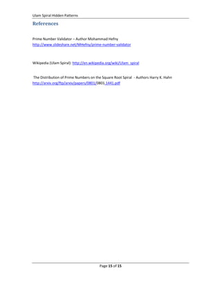 Ulam Spiral Hidden Patterns
Page 15 of 15
References
Prime Number Validator – Author Mohammad Hefny
http://www.slideshare.net/MHefny/prime-number-validator
Wikipedia (Ulam Spiral): http://en.wikipedia.org/wiki/Ulam_spiral
The Distribution of Prime Numbers on the Square Root Spiral - Authors Harry K. Hahn
http://arxiv.org/ftp/arxiv/papers/0801/0801.1441.pdf
 