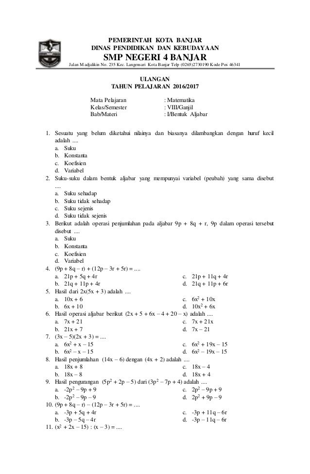 Ulangan Aljabar Kelas 8 Tahun 2016 Cahyono