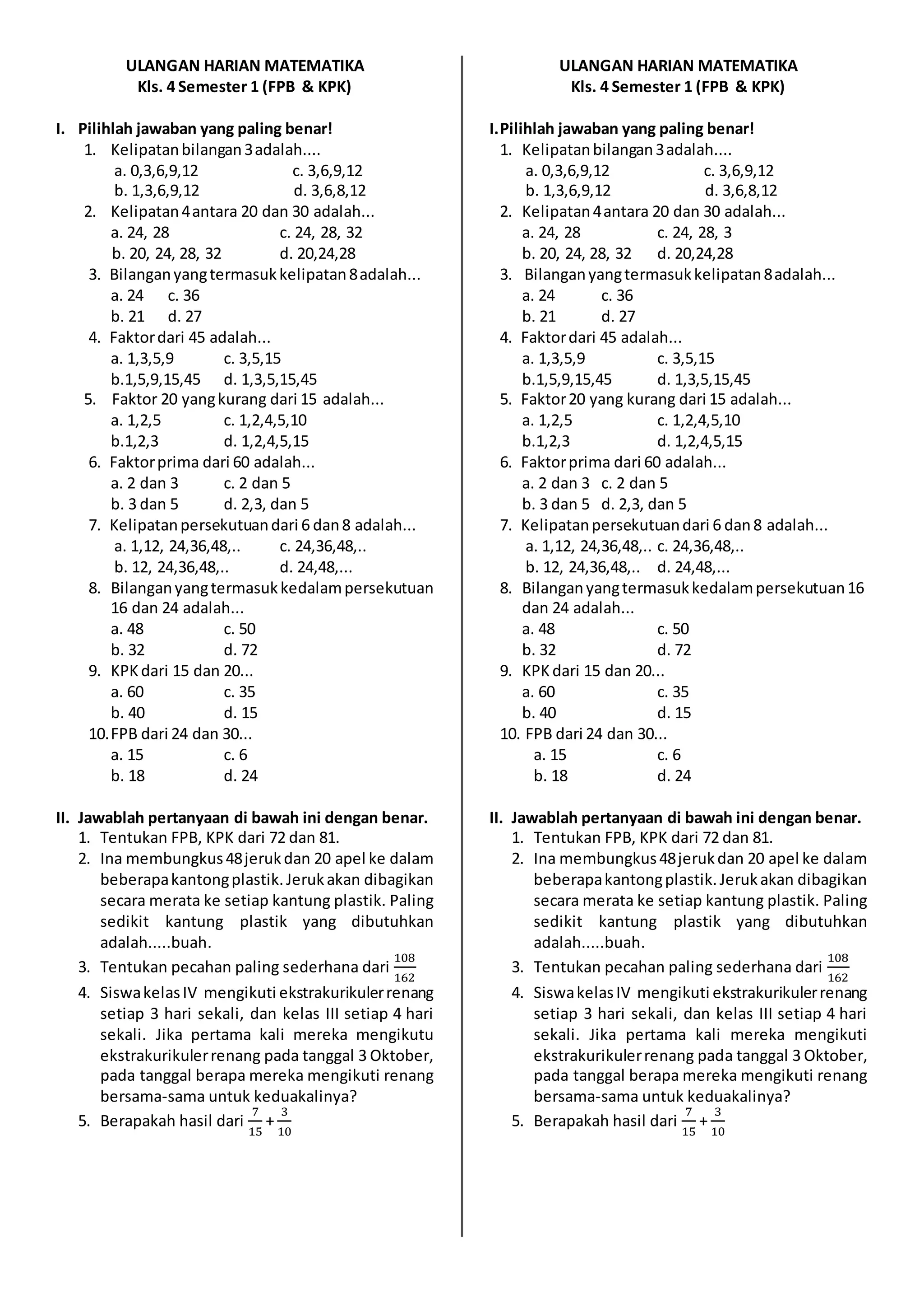 Ulangan harian matematika fpb kpk | DOCX