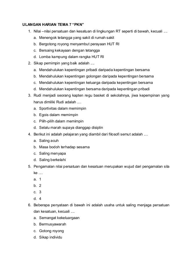 Ulangan Harian Tema 7 Pkn