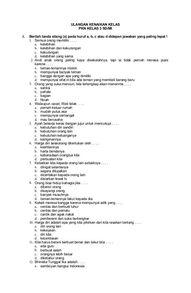 Contoh Soal Pkn Kelas 4