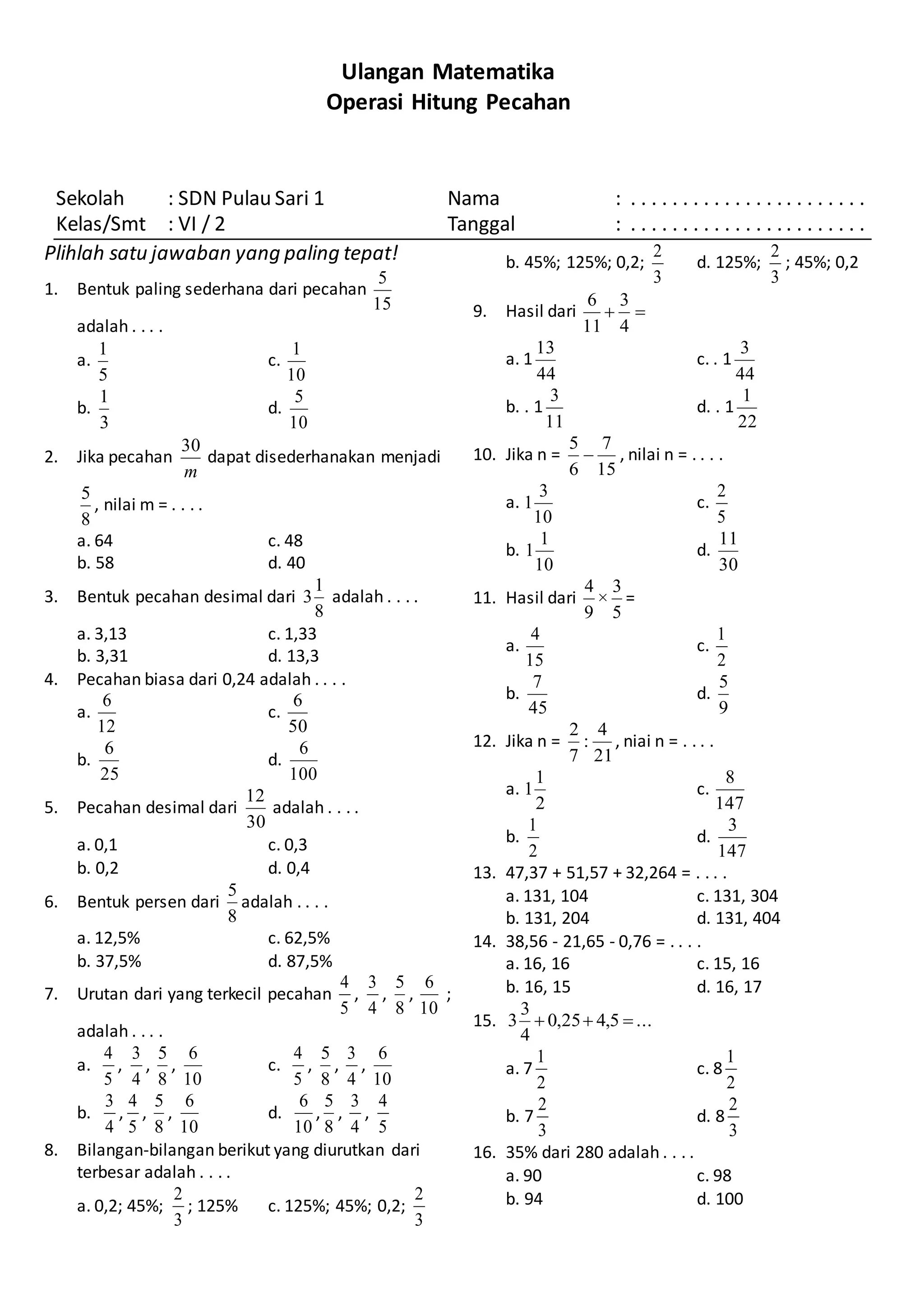 Ulangan Matematika Kelas VI - Pecahan | DOCX