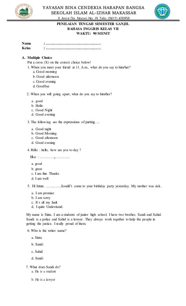 Ulangan Mid Semester 1 Bahasa Inggris Kelas Vii Viii Ix