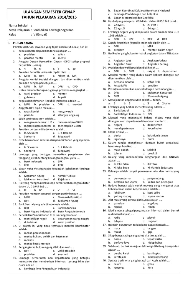 Contoh Soal Ulangan PKN Kelas 4 Semester 2: Menguji Pemahaman tentang Nilai-Nilai Pancasila dan Norma di Masyarakat