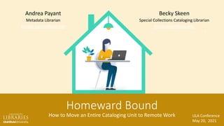 Homeward Bound
How to Move an Entire Cataloging Unit to Remote Work
Andrea Payant
Metadata Librarian
andrea.payant@usu.edu
Becky Skeen
Special Collections Cataloging Librarian
becky.skeen@usu.edu
ULA Annual Conference
May 21, 2021
ULA Conference
May 20, 2021
 