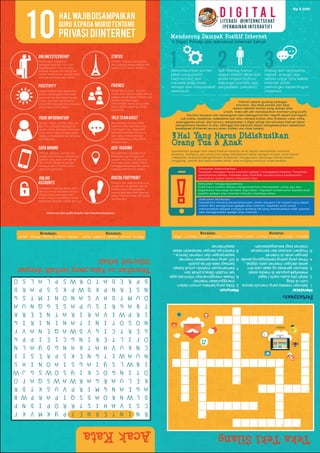 melonjak
Mendatar:
1. blogger - 2. trending - 3.native - 4. orangtua - 5. internetsehat
Menurun:
3. netiket - 6. enkripsi - 7. privasi - 8. provider - 9. bandwidth
AcakKata
Temukan10katayangterkaitdengan
internetsehat!
Mendatar:
anonim - keluarga - filtering - predator - ekspresi
Menurun:
privasi - password - antivirus - parental - browsing
 