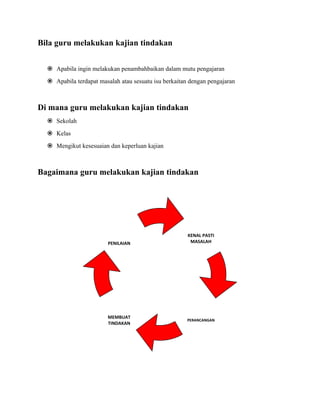 Bila guru melakukan kajian tindakan


   Apabila ingin melakukan penambahbaikan dalam mutu pengajaran
   Apabila terdapat masalah atau sesuatu isu berkaitan dengan pengajaran



Di mana guru melakukan kajian tindakan
   Sekolah
   Kelas
   Mengikut kesesuaian dan keperluan kajian



Bagaimana guru melakukan kajian tindakan




                                                       KENAL PASTI
                        PENILAIAN                       MASALAH




                        MEMBUAT
                                                      PERANCANGAN
                        TINDAKAN
 