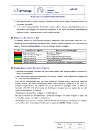 Ultracargo - Interna
ULC/0429
BLOQUEIO E SINALIZAÇÃO DE ENERGIAS PERIGOSAS
3) Antes da utilização do detector eletrônico de tensão (bastão) efetuar o teste no aparelho e testar em
um circuito energizado;
4) Todo equipamento que se utilize de capacitor ou esteja sujeito a indução eletromagnética deverá ser
previamente descarregado com dispositivo apropriado, e nos casos de indução eletromagnética
constante, manter o equipamento em curto circuito e aterrado.
5.6. CADEADOS DE BLOQUEIO (LOCK-OUT)
Os cadeados deverão ser colocados nos dispositivos de bloqueio a fim de configurar o bloqueio físico.
Deverão ser utilizados cadeados com identificação, tamanho e peso compatíveis com o dispositivo de
bloqueio. Os cadeados UTILIZADOS devem atender às seguintes especificações:
Cor Finalidade do Cadeado Responsável pela Utilização
Cadeado Sistema Executor de Bloqueio
Cadeado Líder de Bloqueio Líder de Bloqueio
Cadeado Individual Manutenção Mecânica/Caldeiraria
Cadeado Individual Manutenção Elétrica/Instrumentação
Cadeado Individual Operação/Adequação
Cadeado Individual Administrativo/Engenharia (Construção/Montagem)
5.7. REMOÇÃO EXCEPCIONAL DE CADEADOS E ETIQUETAS
A retiradas dos cadeados e etiquetas dos executantes somente pode ser realizada pelo Funcionário ou
Terceiro, que os colocou.
Caso o executante que bloqueou se ausentar da Unidade, o mesmo deve ser localizado para retornar
ao Terminal e retirar o seu bloqueio.
Caso ele não seja localizado e/ou não possa retornar ao Terminal, deve-se inspecionar o local de
trabalho, realizar uma rigorosa avaliação na área e obter autorização, por escrito ou via e-mail, do
Gerente de Operações ou, na ausência deste, do Coordenador de Operações. Deve ser utilizado o
formulário ULC/ISO 0468 (Autorização de Desbloqueio Excepcional) para registro da remoção
excepcional de cadeado de bloqueio.
O desbloqueio não autorizado configura-se uma falha grave.
Quando houver este tipo de ocorrência o Gerente de Operações e Gerente Regional de SSMA do
Terminal deverão ser informados imediatamente.
O trabalhador que teve seu cadeado removido deverá ser comunicado ao retornar ao Terminal,
conforme formulário Autorização de Desbloqueio Excepcional (ULC/ISO 0468) preenchido.
Data
09/02/21
Versão
5.0
Página
11/19
 