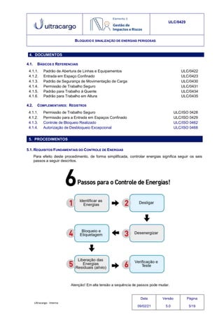 Ultracargo - Interna
ULC/0429
BLOQUEIO E SINALIZAÇÃO DE ENERGIAS PERIGOSAS
5. PROCEDIMENTOS
4. DOCUMENTOS
4.1. BÁSICOS E REFERENCIAIS
4.1.1. Padrão de Abertura de Linhas e Equipamentos ULC/0422
4.1.2. Entrada em Espaço Confinado ULC/0423
4.1.3. Padrão de Segurança de Movimentação de Carga ULC/0430
4.1.4. Permissão de Trabalho Seguro ULC/0431
4.1.5. Padrão para Trabalho à Quente ULC/0434
4.1.6. Padrão para Trabalho em Altura ULC/0435
4.2. COMPLEMENTARES: REGISTROS
4.1.1. Permissão de Trabalho Seguro ULC/ISO 0428
4.1.2. Permissão para a Entrada em Espaços Confinado ULC/ISO 0429
4.1.3. Controle de Bloqueio Realizado ULC/ISO 0462
4.1.4. Autorização de Desbloqueio Excepcional ULC/ISO 0468
5.1. REQUISITOS FUNDAMENTAIS DO CONTROLE DE ENERGIAS
Para efeito deste procedimento, de forma simplificada, controlar energias significa seguir os seis
passos a seguir descritos.
Data
09/02/21
Versão
5.0
Página
5/19
 
