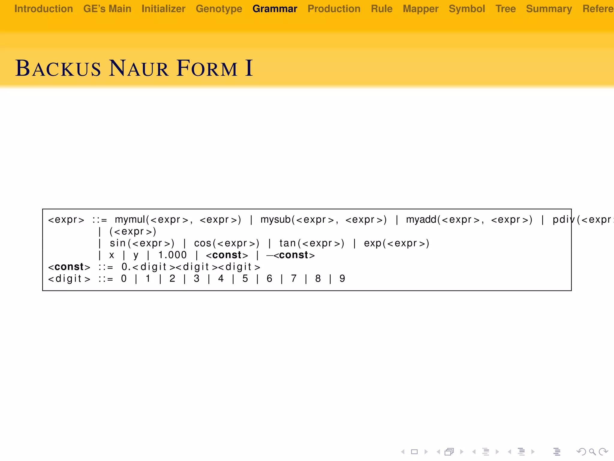 Introduction GE’s Main Initializer Genotype Grammar Production Rule Mapper Symbol Tree Summary Referen
BACKUS NAUR FORM I
<expr > : : = mymul(<expr > , <expr >) | mysub(<expr > , <expr >) | myadd(<expr > , <expr >) | pdiv (<expr >
| (<expr >)
| sin (<expr >) | cos(<expr >) | tan (<expr >) | exp(<expr >)
| x | y | 1.000 | <const> | −<const>
<const> : : = 0. < d i g i t >< d i g i t >< d i g i t >
< d i g i t > : : = 0 | 1 | 2 | 3 | 4 | 5 | 6 | 7 | 8 | 9
 
