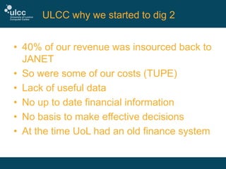 ULCC why we started to dig 2
• 40% of our revenue was insourced back to
JANET
• So were some of our costs (TUPE)
• Lack of useful data
• No up to date financial information
• No basis to make effective decisions
• At the time UoL had an old finance system

 