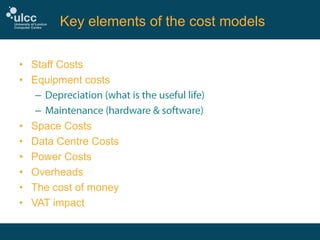 Key elements of the cost models
• Staff Costs
• Equipment costs
–
–
• Space Costs
• Data Centre Costs
• Power Costs
• Overheads
• The cost of money
• VAT impact

 