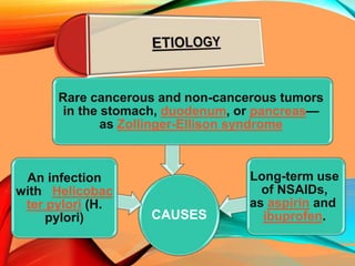 CAUSES
Rare cancerous and non-cancerous tumors
in the stomach, duodenum, or pancreas—
as Zollinger-Ellison syndrome
An infection
with Helicobac
ter pylori (H.
pylori)
Long-term use
of NSAIDs,
as aspirin and
ibuprofen.
 