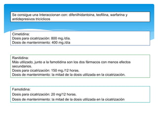 Famotidina:
Dosis para cicatrización: 20 mg/12 horas.
Dosis de mantenimiento: la mitad de la dosis utilizada en la cicatrización
Se consigue una Interaccionan con: difenilhidantoina, teofilina, warfarina y
antidepresivos tricíclicos
Cimetidina:
Dosis para cicatrización: 800 mg./día.
Dosis de mantenimiento: 400 mg./día
Ranitidina:
Más utilizado, junto a la famotidina son los dos fármacos con menos efectos
secundarios.
Dosis para cicatrización: 150 mg./12 horas.
Dosis de mantenimiento: la mitad de la dosis utilizada en la cicatrización.
 