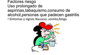 Factores riesgo
Uso prolongado de
aspirinas,tabaquismo,consumo de
alcohol,personas que padecen gastritis
• Sintomas y signos Nauseas ,vomito,fatiga
 