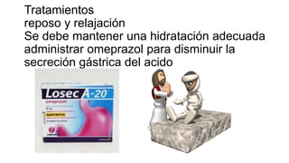 Tratamientos
reposo y relajación
Se debe mantener una hidratación adecuada
administrar omeprazol para disminuir la
secreción gástrica del acido
 