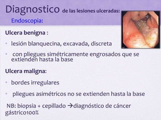 Diagnostico de las lesiones ulceradas:
• Endoscopia:
Ulcera benigna :
• lesión blanquecina, excavada, discreta
• con pliegues simétricamente engrosados que se
  extienden hasta la base
Ulcera maligna:
• bordes irregulares
• pliegues asimétricos no se extienden hasta la base
NB: biopsia + cepillado diagnóstico de cáncer
gástrico100%
 