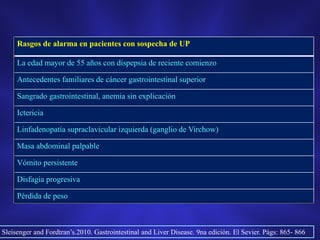 Rasgos de alarma en pacientes con sospecha de UP
La edad mayor de 55 años con dispepsia de reciente comienzo
Antecedentes familiares de cáncer gastrointestinal superior
Sangrado gastrointestinal, anemia sin explicación
Ictericia
Linfadenopatía supraclavicular izquierda (ganglio de Virchow)
Masa abdominal palpable
Vómito persistente
Disfagia progresiva
Pérdida de peso
Sleisenger and Fordtran’s.2010. Gastrointestinal and Liver Disease. 9na edición. El Sevier. Págs: 865- 866
 
