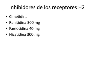 Inhibidores de los receptores H2
• Cimetidina
• Ranitidina 300 mg
• Famotidina 40 mg
• Nizatidina 300 mg
 