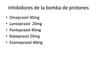 Inhibidores de la bomba de protones
• Omeprazol 30mg
• Lansoprazol 20mg
• Pantoprazol 40mg
• Rabeprazol 20mg
• Esomeprazol 40mg
 