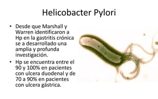 Helicobacter Pylori
• Desde que Marshall y
Warren identificaron a
Hp en la gastritis crónica
se a desarrollado una
amplia y profunda
investigación.
• Hp se encuentra entre el
90 y 100% en pacientes
con ulcera duodenal y de
70 a 90% en pacientes
con ulcera gástrica.
 